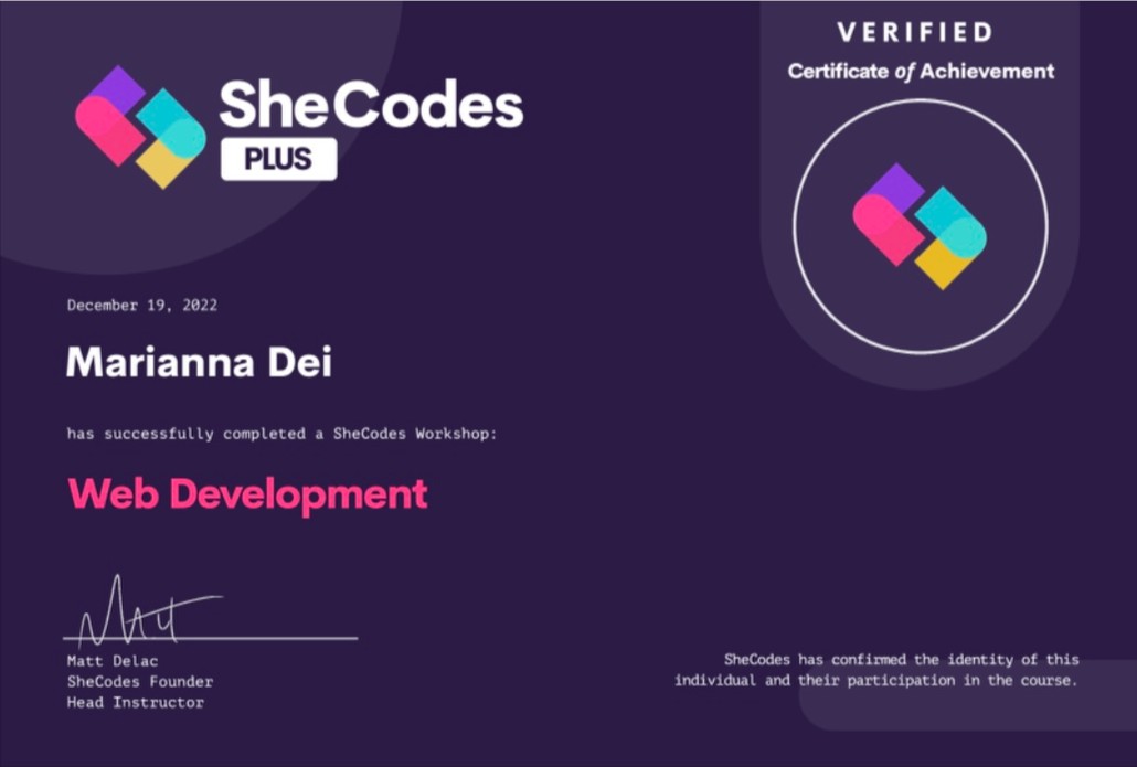 SheCodes Plus certificate preview